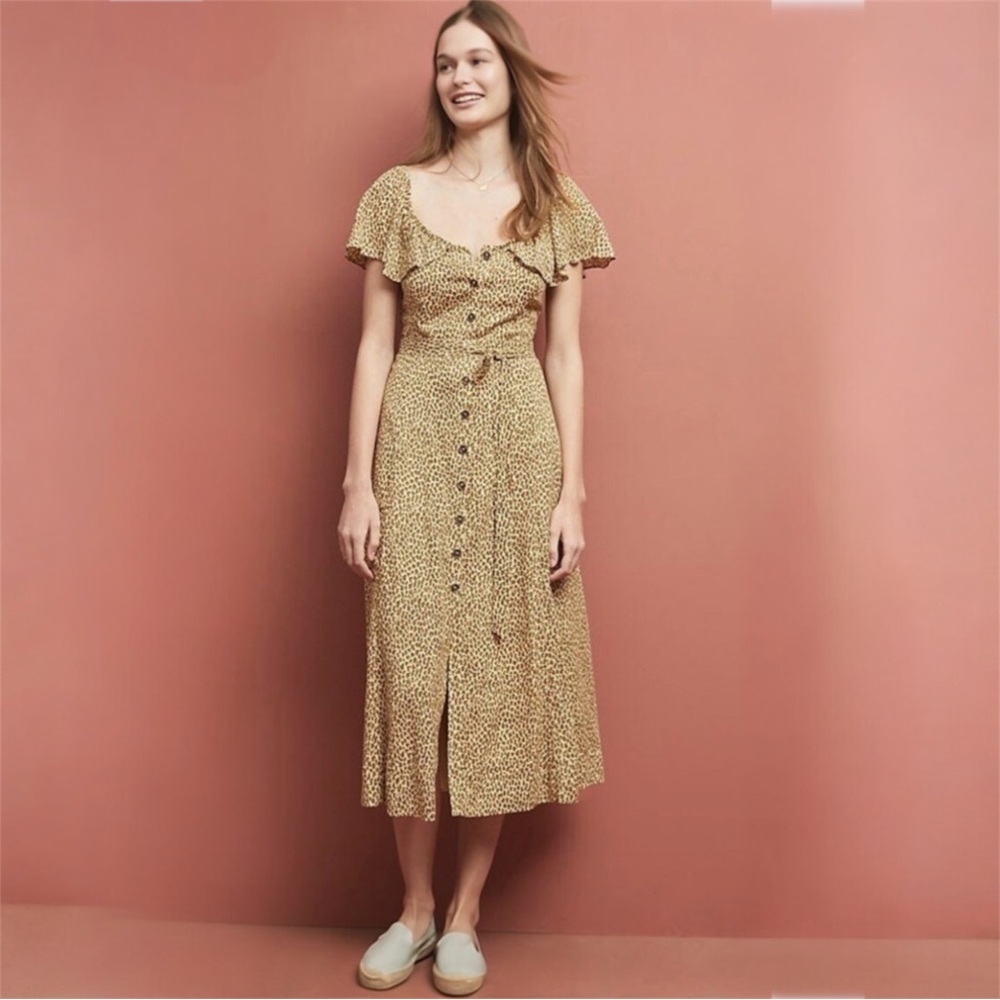 Anthropologie Bolano Midi Dress Animal Print Button Front Belted Size 10 New